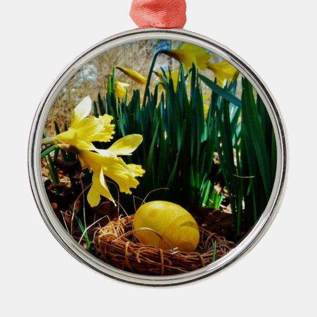 Yellow Daffodils and a Yellow Easter egg Metal Ornament (Front)
