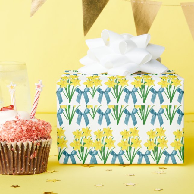 Yellow Daffodils and Blue Bows / Floral Craft or  Wrapping Paper (Birthday Party)