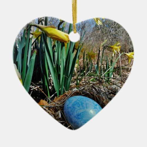 Yellow Daffodils and blue egg in nest Ceramic Ornament