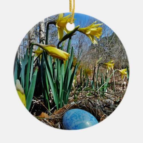 Yellow Daffodils and blue egg in nest Ceramic Ornament