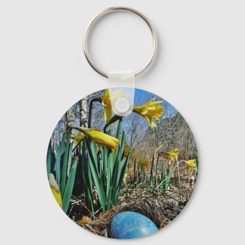 Yellow Daffodils and blue egg in nest Keychain