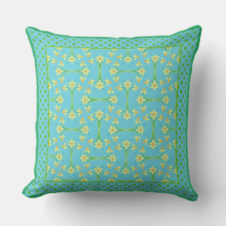 Yellow Daffodils and Polka Dots on Turquoise Blue Throw Pillow