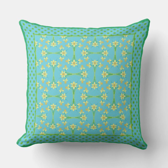 Yellow Daffodils and Polka Dots on Turquoise Blue Throw Pillow (Front)