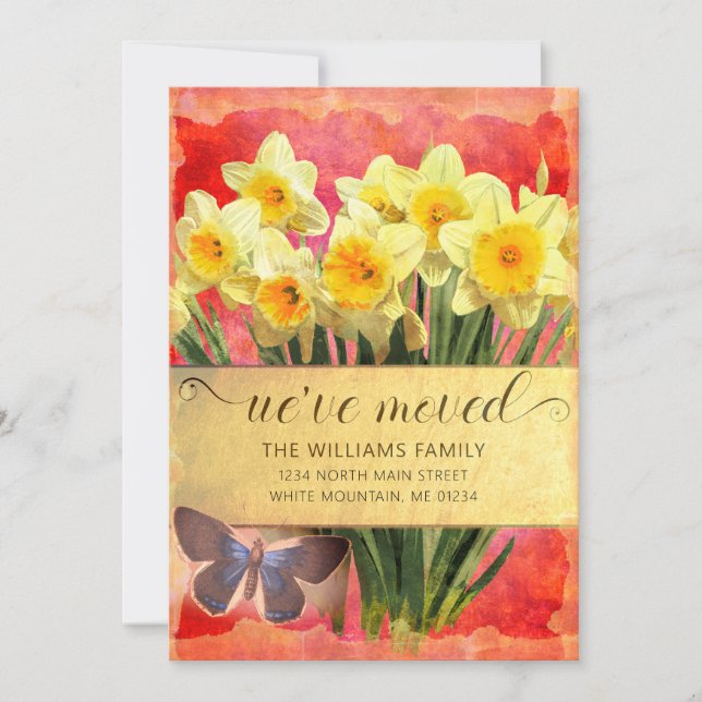 Yellow Daffodils Floral Butterfly Coral Moving Announcement (Front)