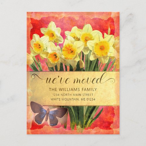 Yellow Daffodils Floral Butterfly Coral Moving Announcement Postcard