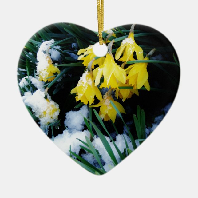 Yellow Daffodils flowers in the snow Ceramic Ornament (Front)