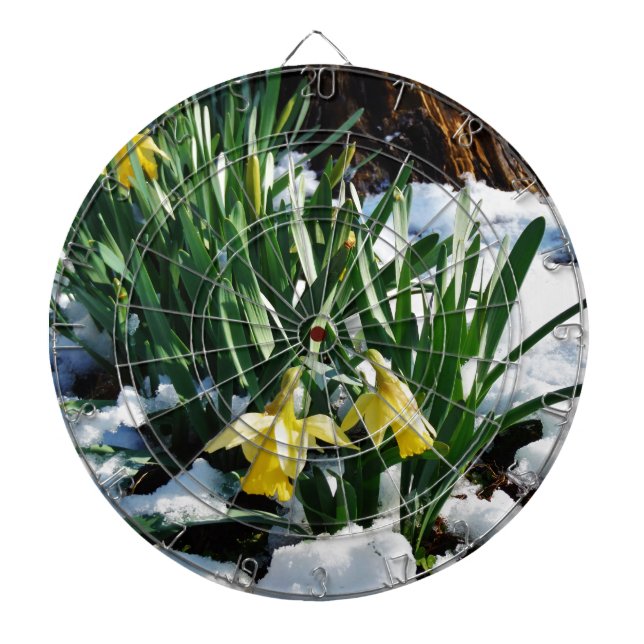 Yellow Daffodils flowers in the snow Dartboard With Darts (Front)