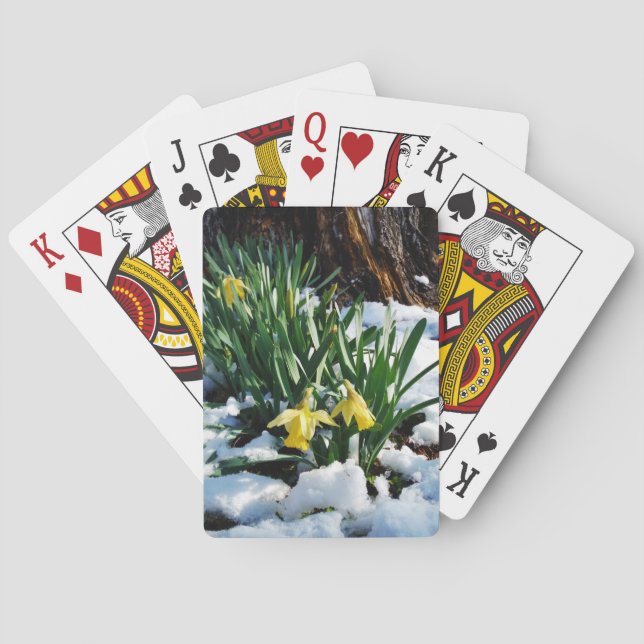 Yellow Daffodils flowers in the snow Poker Cards (Back)