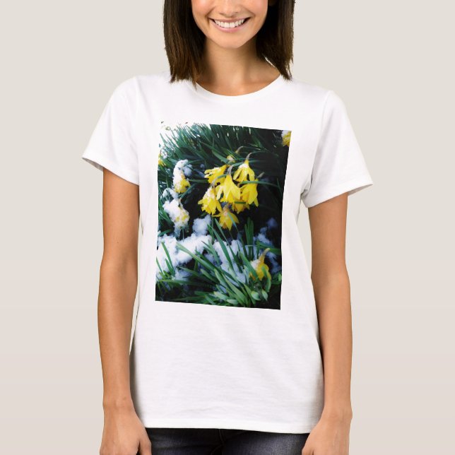 Yellow Daffodils flowers in the snow T-Shirt (Front)