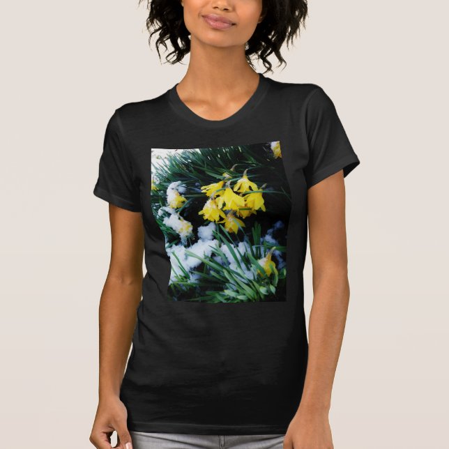 Yellow Daffodils flowers in the snow T-Shirt (Front)