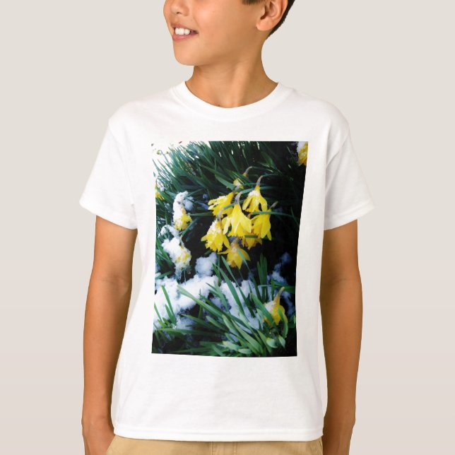 Yellow Daffodils flowers in the snow T-Shirt (Front)