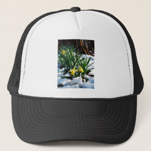 Yellow Daffodils flowers in the snow Trucker Hat
