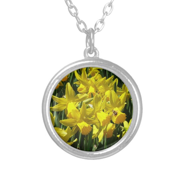 Yellow Daffodils I Cheery Spring Flowers Silver Plated Necklace (Front)