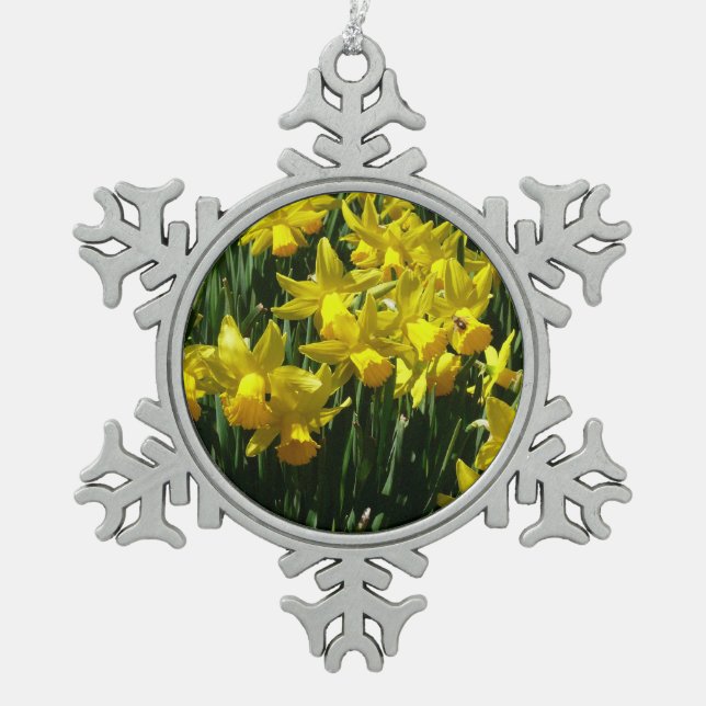 Yellow Daffodils I Cheery Spring Flowers Snowflake Pewter Christmas Ornament (Front)