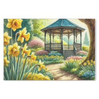 Yellow Daffodils in Spring with Gazebo 