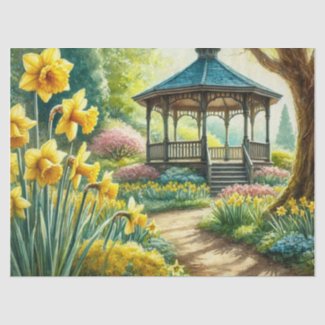 Yellow Daffodils in Spring with Gazebo