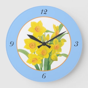 Yellow Daffodils on Blue Floral Clock 4 Numbers