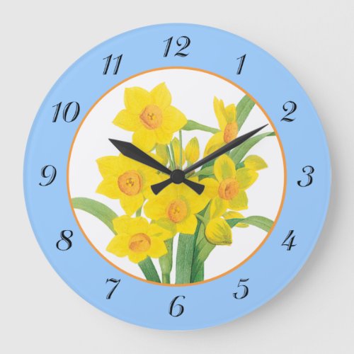 Yellow Daffodils on Blue Floral Wall Clock