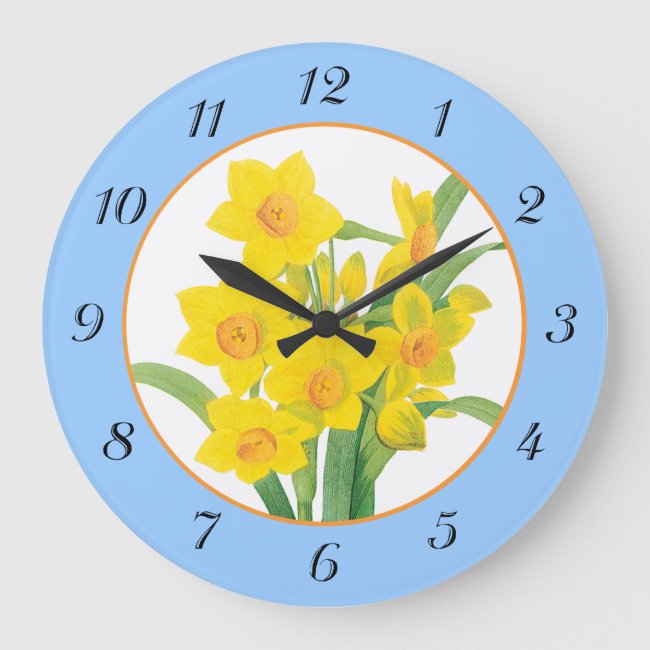 Yellow Daffodils on Blue Floral Wall Clock