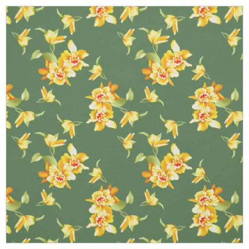 Yellow Daffodils on Green Fabric