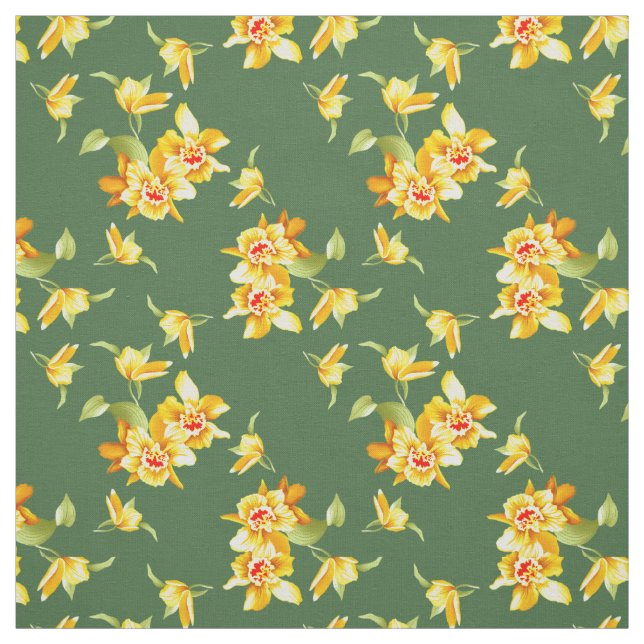 Yellow Daffodils on Green Fabric (Swatch)