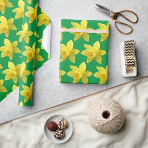 Yellow Daffodils on Green Floral Wrapping Paper