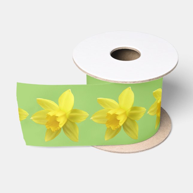 Yellow Daffodils on Light Green Satin Ribbon (Spool)