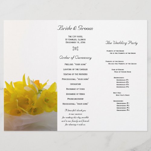 Yellow Daffodils on White Tri Fold Wedding Program