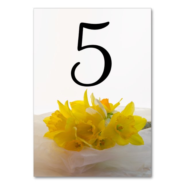 Yellow Daffodils on White Wedding Table Numbers (Front)