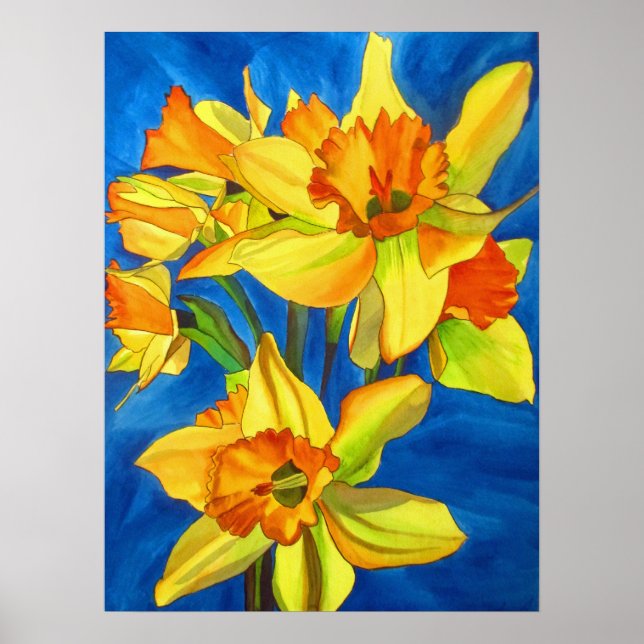 Yellow Daffodils original watercolour flower art Poster (Front)
