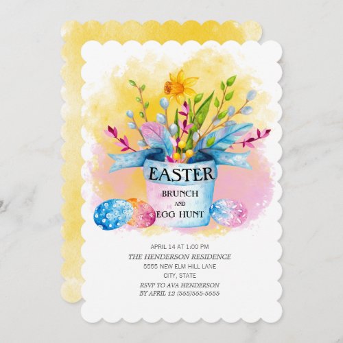 Yellow Daffodils Pink Easter Brunch Egg Hunt Invitation