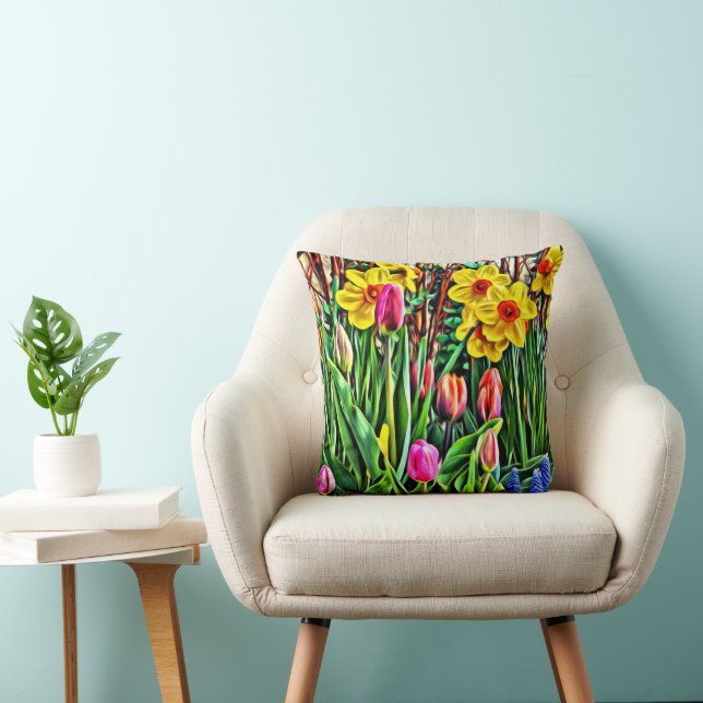 Yellow Daffodils Purple Tulips Blue Mascari  Throw Pillow (Chair)