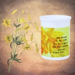 Yellow Daffodils Scripture Porcelain Pitcher<br><div class="desc">Decorate your kitchen with the Eternal Grace Yellow Daffodils Scripture Pitcher. This elegant porcelain pitcher features a beautiful design of yellow daffodils and the inspiring scripture from Psalms 118:1, "Give thanks to the Lord, for he is good; his love endures forever." Perfect for serving beverages or as a decorative piece,...</div>