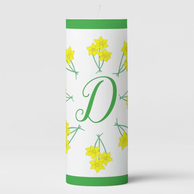 Yellow Daffodils Spring Flowers Bunch Initial Pillar Candle (Front)