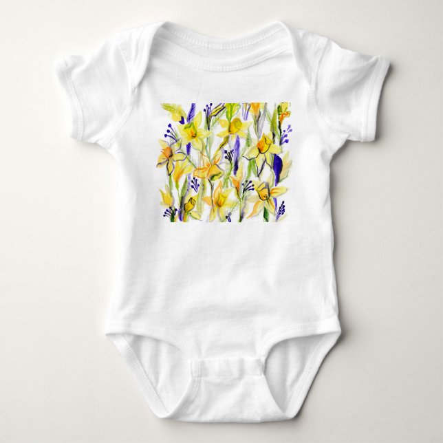 Yellow Daffodils Watercolor Illustration Baby Bodysuit (Front)