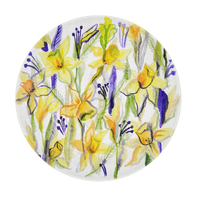 Yellow Daffodils Watercolor Illustration Cutting Board (Front)