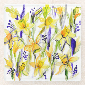 Yellow Daffodils Watercolor Illustration Glass Coaster