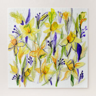 Yellow Daffodils Watercolor Illustration Jigsaw Puzzle