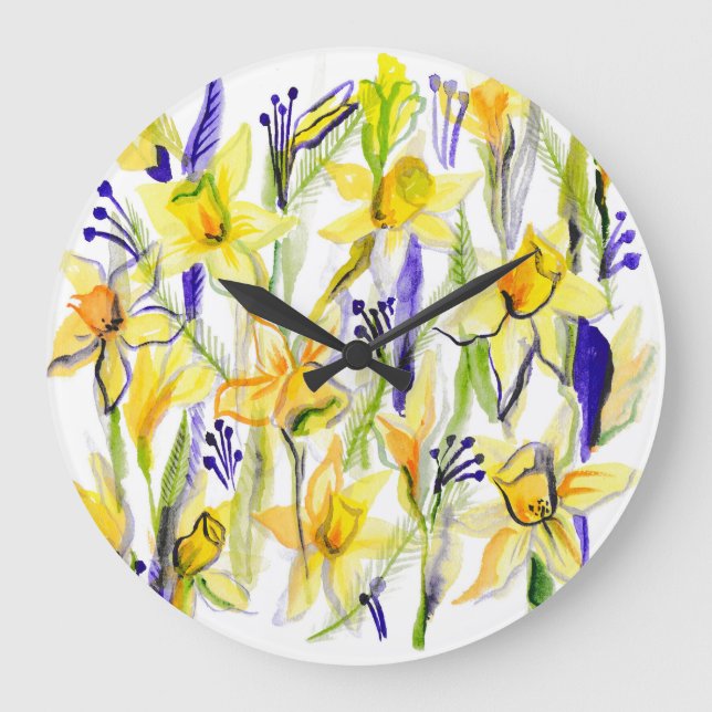 Yellow Daffodils Watercolor Illustration Large Clock (Front)