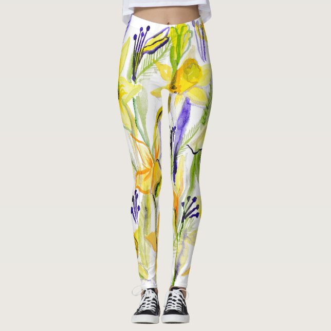Yellow Daffodils Watercolor Illustration Leggings (Front)