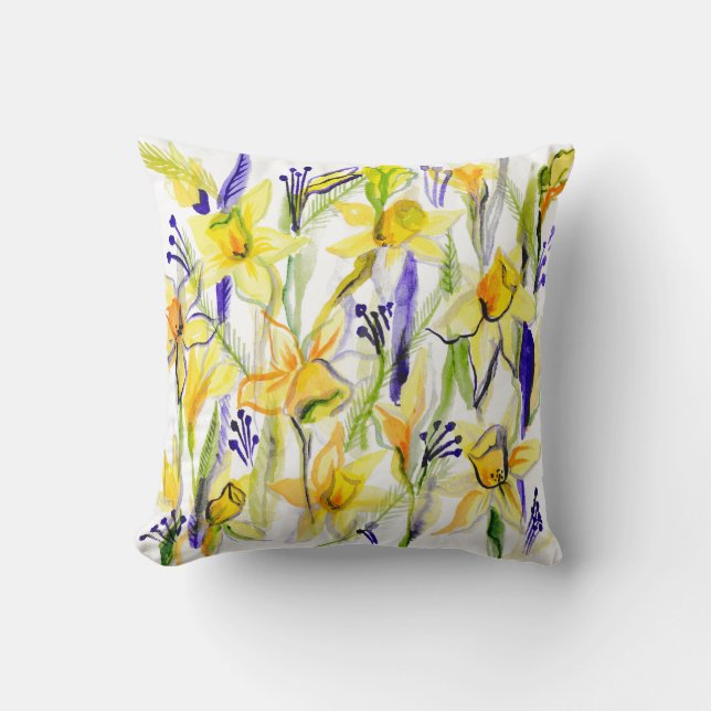 Yellow Daffodils Watercolor Illustration Throw Pillow (Front)