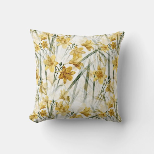 Yellow Daffodils with Green Leaves Throw Pillow (Front)