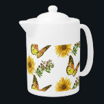 Yellow Dahlia and Butterflies Floral  Teapot<br><div class="desc">Accent the decor of your kitchen with this summer floral-designed teapot. This teapot features a yellow dahlia flower,  a monarch butterfly,  and green leaves on a branch on white.  Buy this cheerful floral teapot for yourself or buy it as a housewarming or another occasion gift for her.</div>