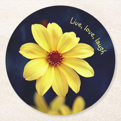 Yellow Dahlia Elegant Flower Inspirational Quote Round Paper Coaster