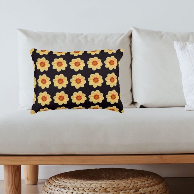 Yellow Dahlia Floral Pattern on Black Accent Pillow (In Situ)