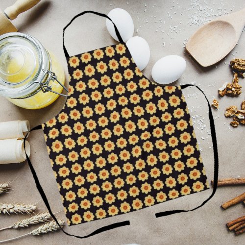 Yellow Dahlia Floral Pattern on Black Apron