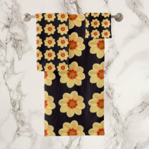 Yellow Dahlia Floral Pattern on Black Bath Towel Set
