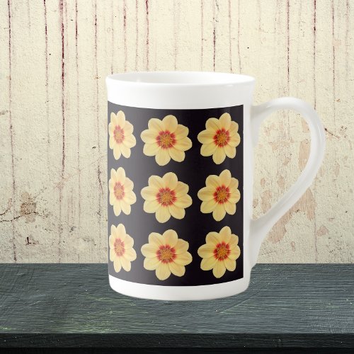 Yellow Dahlia Floral Pattern on Black Bone China Mug