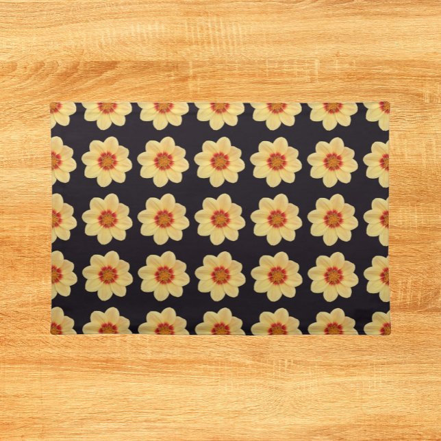 Yellow Dahlia Floral Pattern on Black Cloth Placemat (In Situ Table)