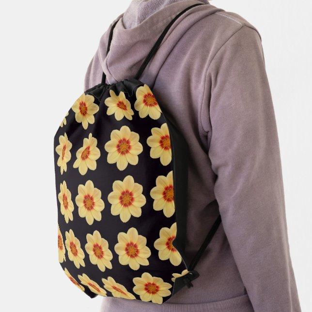 Yellow Dahlia Floral Pattern on Black Drawstring Bag (Insitu)